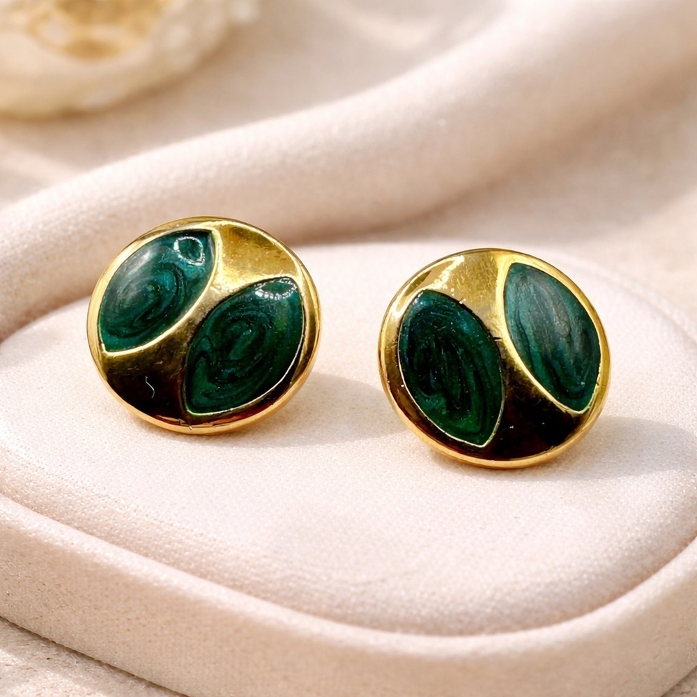Vintage Green Enamel Gold Tone Round Stud Earrings | Retro Modern - Picture 2 of 8